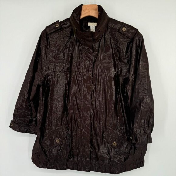 Chicos 3 Womens Size XL Brown iridescent rain Jacket Pockets hidden hood - Picture 4 of 13